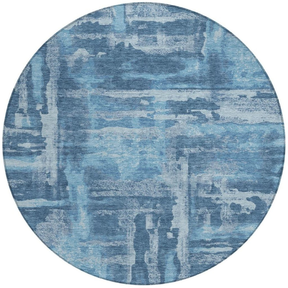 HomeRoots 8' Round Denim and Sky Blue Abstract Area Rug - Washable, Durable for Indoor/Outdoor Spaces 629169
