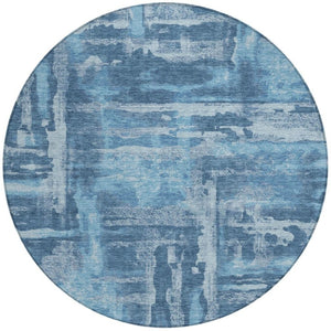 HomeRoots 8' Round Denim and Sky Blue Abstract Area Rug - Washable, Durable for Indoor/Outdoor Spaces 629169