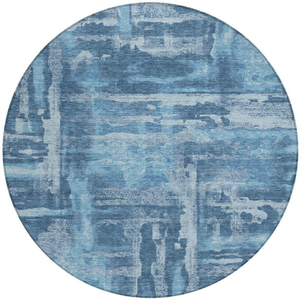HomeRoots 8' Round Denim and Sky Blue Abstract Area Rug - Washable, Durable for Indoor/Outdoor Spaces 629169