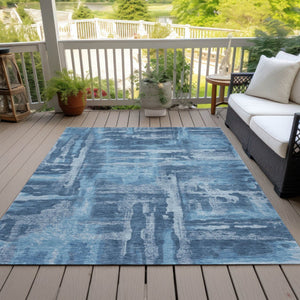HomeRoots 8' X 10' Denim Blue & Sky Blue Abstract Washable Area Rug - Stylish, Durable for Indoor/Outdoor Use 629170