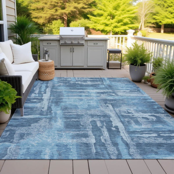 HomeRoots 10' Denim Blue & Sky Blue Abstract Washable Area Rug - Durable, Stylish for Indoor/Outdoor Spaces 629172