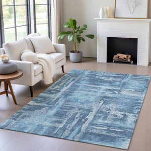 HomeRoots 10' Denim Blue & Sky Blue Abstract Washable Area Rug - Durable, Stylish for Indoor/Outdoor Spaces 629172