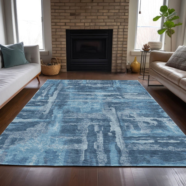 HomeRoots 10' Denim Blue & Sky Blue Abstract Washable Area Rug - Durable, Stylish for Indoor/Outdoor Spaces 629172