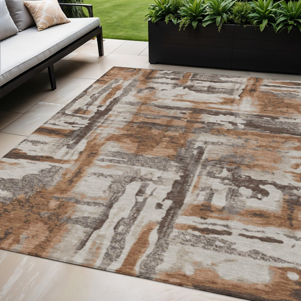 HomeRoots 5' Abstract Washable Area Rug in Rust and Taupe – Durable, Stylish, Indoor/Outdoor Versatility! 629174