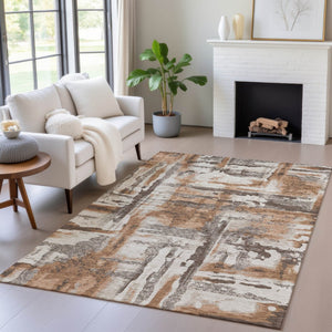 HomeRoots 5' Abstract Washable Area Rug in Rust and Taupe – Durable, Stylish, Indoor/Outdoor Versatility! 629174