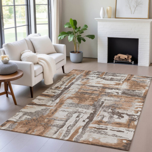 HomeRoots 5' Abstract Washable Area Rug in Rust and Taupe – Durable, Stylish, Indoor/Outdoor Versatility! 629174