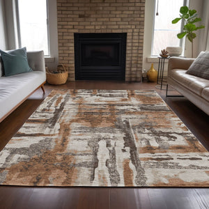HomeRoots 5' Abstract Washable Area Rug in Rust and Taupe – Durable, Stylish, Indoor/Outdoor Versatility! 629174