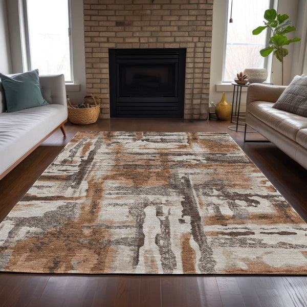 HomeRoots 5' Abstract Washable Area Rug in Rust and Taupe – Durable, Stylish, Indoor/Outdoor Versatility! 629174