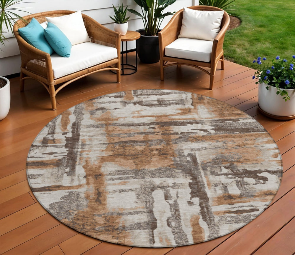 HomeRoots 8' Round Abstract Washable Area Rug in Rust and Taupe - Perfect for Indoor and Outdoor Spaces! 629175