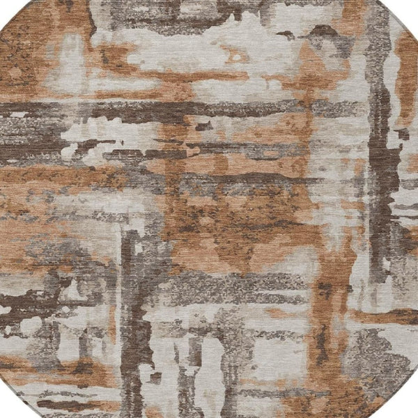 HomeRoots 8' Round Abstract Washable Area Rug in Rust and Taupe - Perfect for Indoor and Outdoor Spaces! 629175