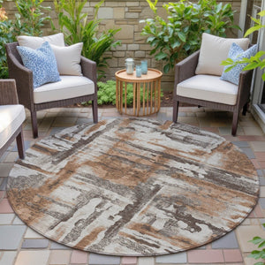 HomeRoots 8' Round Abstract Washable Area Rug in Rust and Taupe - Perfect for Indoor and Outdoor Spaces! 629175