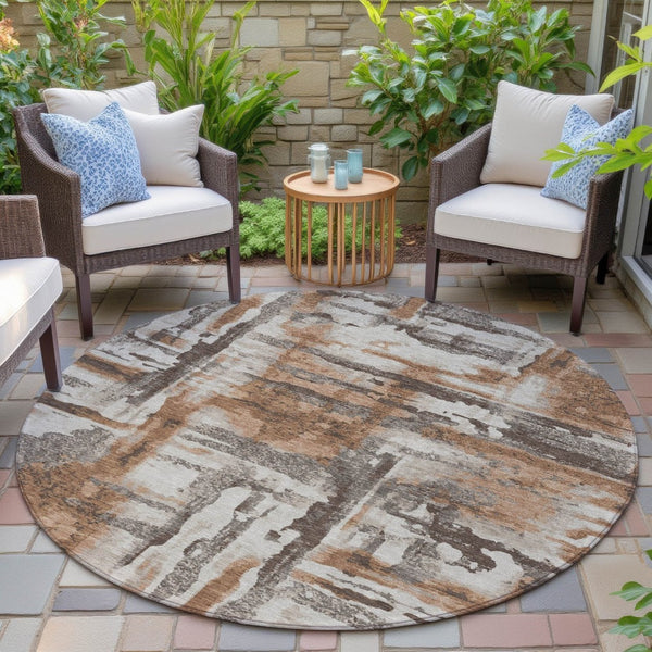 HomeRoots 8' Round Abstract Washable Area Rug in Rust and Taupe - Perfect for Indoor and Outdoor Spaces! 629175