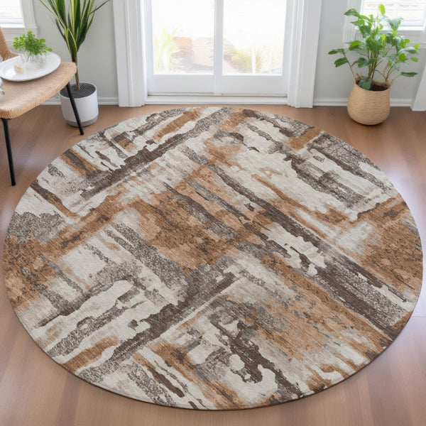 HomeRoots 8' Round Abstract Washable Area Rug in Rust and Taupe - Perfect for Indoor and Outdoor Spaces! 629175