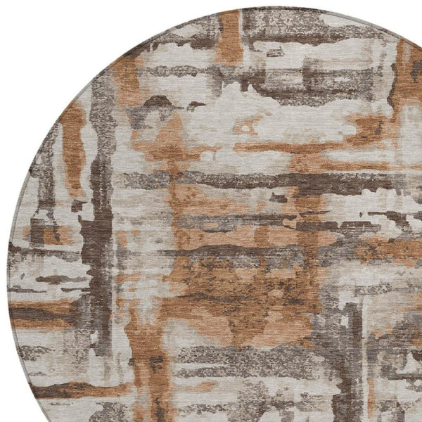 HomeRoots 8' Round Abstract Washable Area Rug in Rust and Taupe - Perfect for Indoor and Outdoor Spaces! 629175