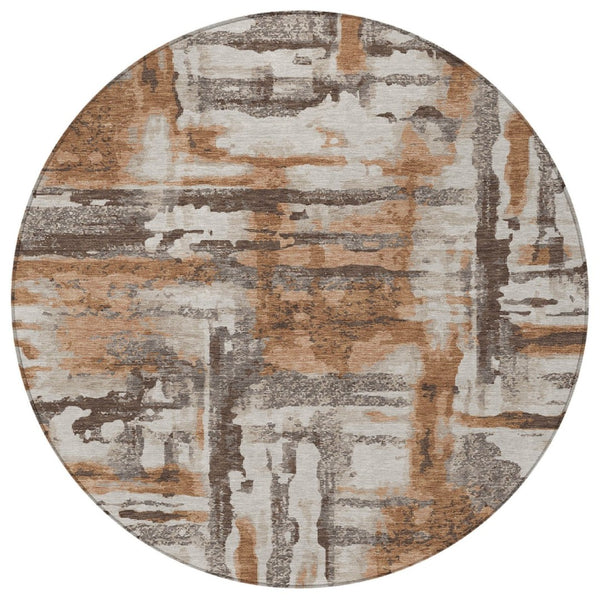 HomeRoots 8' Round Abstract Washable Area Rug in Rust and Taupe - Perfect for Indoor and Outdoor Spaces! 629175