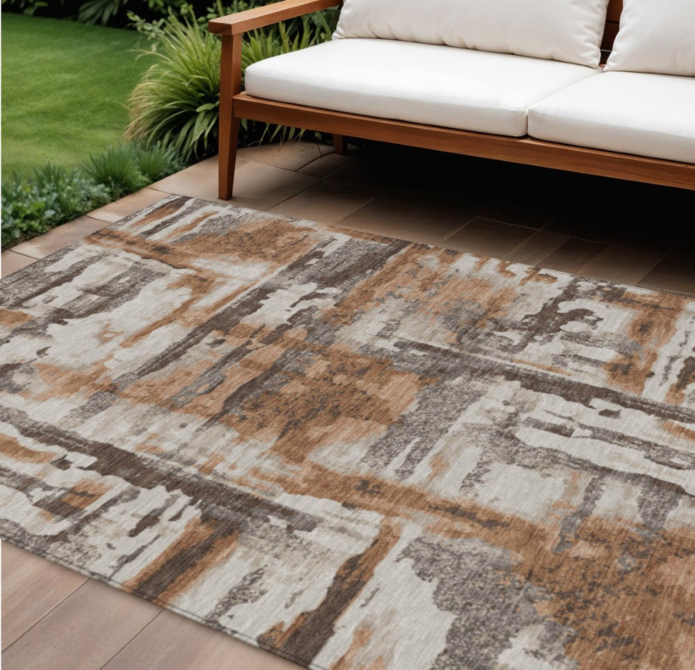 HomeRoots 8' X 10' Washable Rust and Taupe Abstract Area Rug – Durable, Stylish, Ideal for Indoor & Outdoor Use 629176
