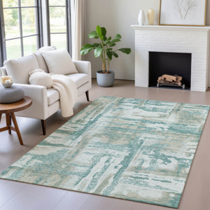 HomeRoots 5' Teal Blue and Ivory Abstract Washable Area Rug - Stylish Indoor/Outdoor Design for High Traffic Spaces 629180