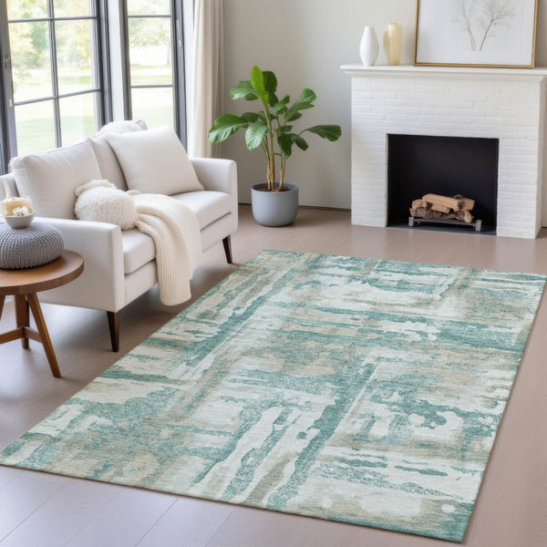 HomeRoots 5' Teal Blue and Ivory Abstract Washable Area Rug - Stylish Indoor/Outdoor Design for High Traffic Spaces 629180