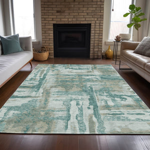 HomeRoots 5' Teal Blue and Ivory Abstract Washable Area Rug - Stylish Indoor/Outdoor Design for High Traffic Spaces 629180