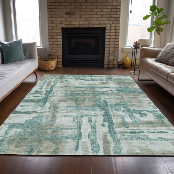HomeRoots 5' Teal Blue and Ivory Abstract Washable Area Rug - Stylish Indoor/Outdoor Design for High Traffic Spaces 629180