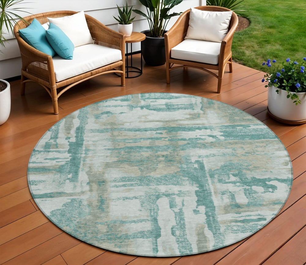 HomeRoots 8' Teal Blue Abstract Round Rug - Stylish, Washable, Indoor/Outdoor Area Rug for High-Traffic Spaces 629181