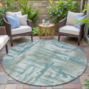 HomeRoots 8' Teal Blue Abstract Round Rug - Stylish, Washable, Indoor/Outdoor Area Rug for High-Traffic Spaces 629181