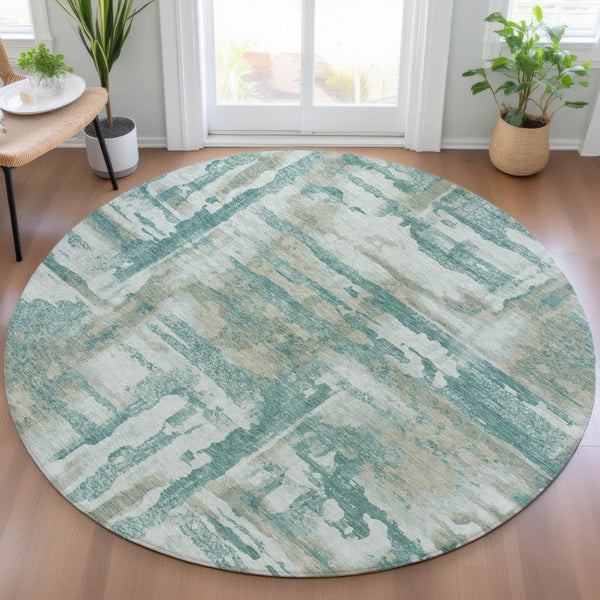 HomeRoots 8' Teal Blue Abstract Round Rug - Stylish, Washable, Indoor/Outdoor Area Rug for High-Traffic Spaces 629181