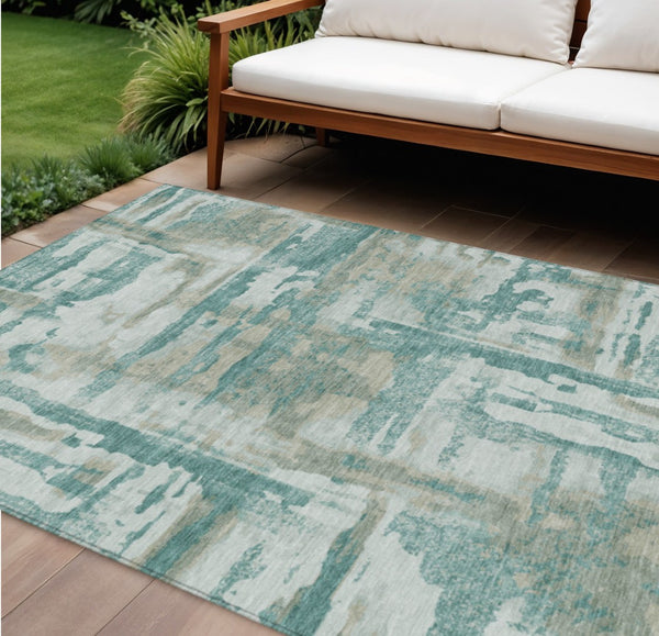 HomeRoots 10' Teal Blue & Ivory Abstract Area Rug - Stylish, Washable, Indoor/Outdoor, Stain-Resistant Design 629184