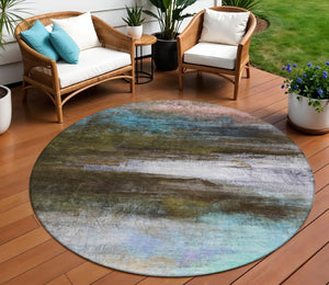 HomeRoots 8' Round Abstract Area Rug in Brown, Teal Blue & Blush - Washable, Durable for Indoor & Outdoor Use 629187