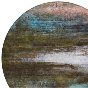 HomeRoots 8' Round Abstract Area Rug in Brown, Teal Blue & Blush - Washable, Durable for Indoor & Outdoor Use 629187