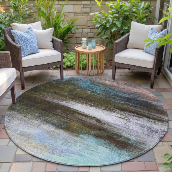 HomeRoots 8' Round Abstract Area Rug in Brown, Teal Blue & Blush - Washable, Durable for Indoor & Outdoor Use 629187