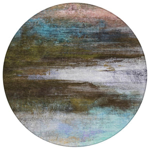 HomeRoots 8' Round Abstract Area Rug in Brown, Teal Blue & Blush - Washable, Durable for Indoor & Outdoor Use 629187