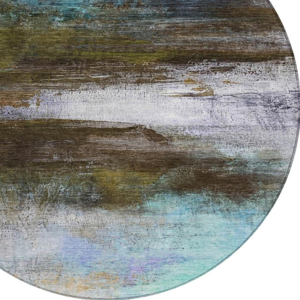 HomeRoots 8' Round Abstract Area Rug in Brown, Teal Blue & Blush - Washable, Durable for Indoor & Outdoor Use 629187