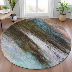 HomeRoots 8' Round Abstract Area Rug in Brown, Teal Blue & Blush - Washable, Durable for Indoor & Outdoor Use 629187