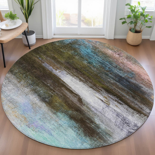 HomeRoots 8' Round Abstract Area Rug in Brown, Teal Blue & Blush - Washable, Durable for Indoor & Outdoor Use 629187