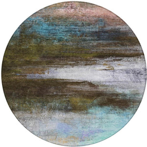 HomeRoots 8' Round Abstract Area Rug in Brown, Teal Blue & Blush - Washable, Durable for Indoor & Outdoor Use 629187