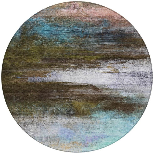 HomeRoots 8' Round Abstract Area Rug in Brown, Teal Blue & Blush - Washable, Durable for Indoor & Outdoor Use 629187