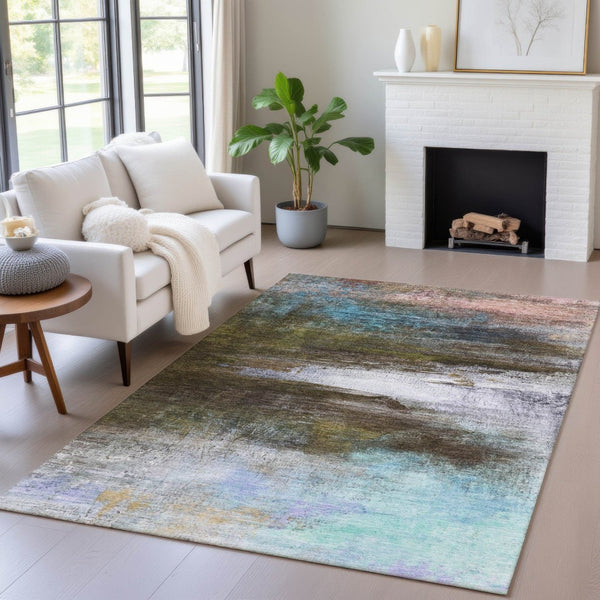 HomeRoots 10' Abstract Washable Indoor Outdoor Area Rug in Brown, Teal, Blue & Blush - Durable & Stylish! 629190