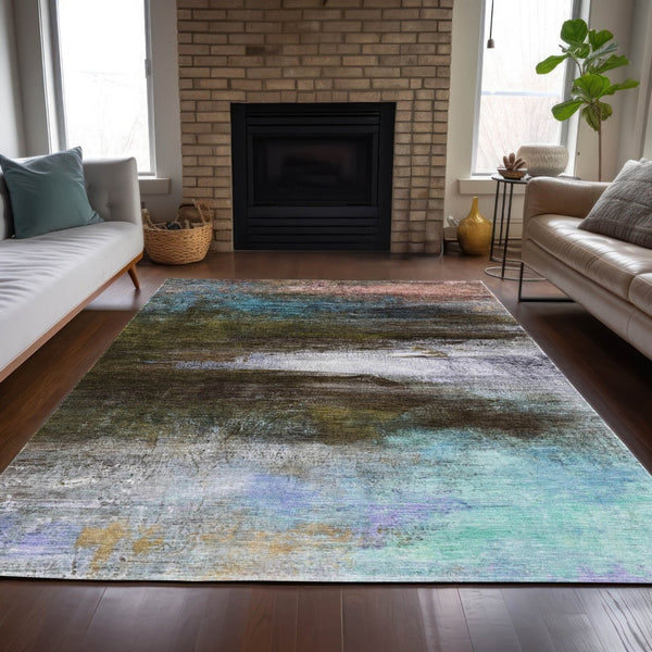 HomeRoots 10' Abstract Washable Indoor Outdoor Area Rug in Brown, Teal, Blue & Blush - Durable & Stylish! 629190