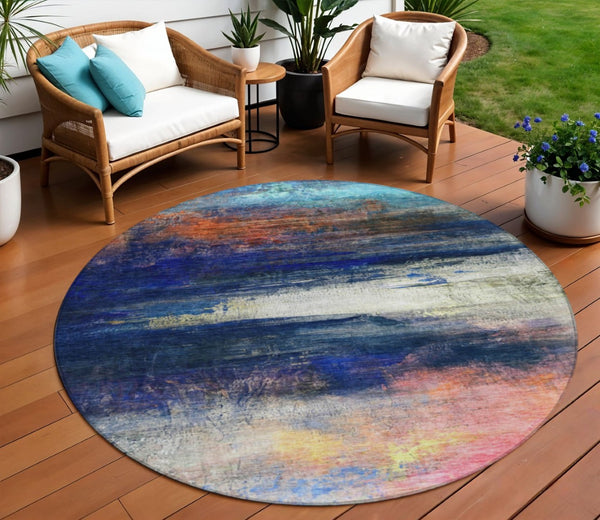 HomeRoots 8' Blue Abstract Round Area Rug - Durable, Washable, Stylish Design for Indoor & Outdoor Use! 629193