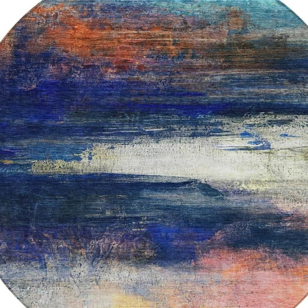 HomeRoots 8' Blue Abstract Round Area Rug - Durable, Washable, Stylish Design for Indoor & Outdoor Use! 629193