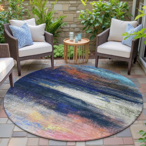 HomeRoots 8' Blue Abstract Round Area Rug - Durable, Washable, Stylish Design for Indoor & Outdoor Use! 629193