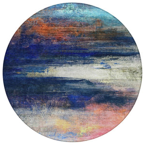 HomeRoots 8' Blue Abstract Round Area Rug - Durable, Washable, Stylish Design for Indoor & Outdoor Use! 629193