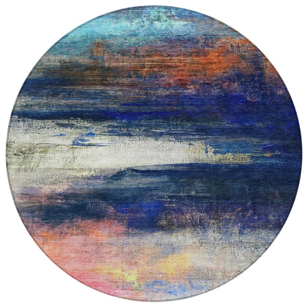 HomeRoots 8' Blue Abstract Round Area Rug - Durable, Washable, Stylish Design for Indoor & Outdoor Use! 629193