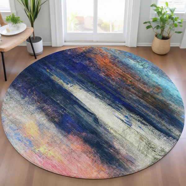 HomeRoots 8' Blue Abstract Round Area Rug - Durable, Washable, Stylish Design for Indoor & Outdoor Use! 629193