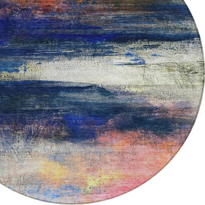 HomeRoots 8' Blue Abstract Round Area Rug - Durable, Washable, Stylish Design for Indoor & Outdoor Use! 629193