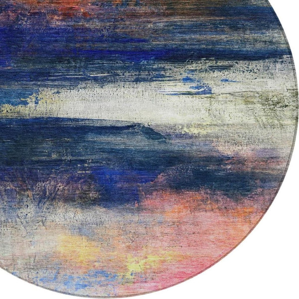 HomeRoots 8' Blue Abstract Round Area Rug - Durable, Washable, Stylish Design for Indoor & Outdoor Use! 629193