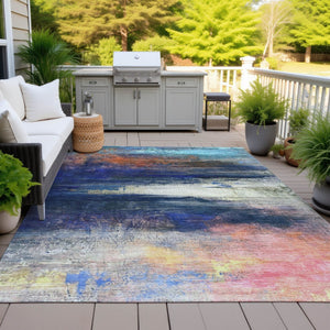 HomeRoots 8' X 10' Abstract Washable Area Rug in Blue, Rust & Pink - Modern Outdoor/Indoor Decor Solution! 629194