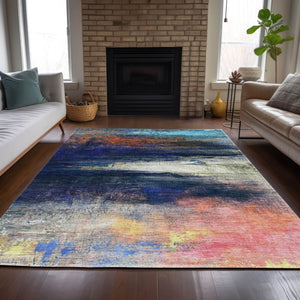 HomeRoots 8' X 10' Abstract Washable Area Rug in Blue, Rust & Pink - Modern Outdoor/Indoor Decor Solution! 629194