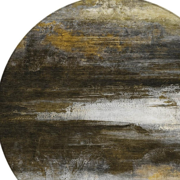 HomeRoots 8' Chocolate Gold and Beige Round Abstract Area Rug - Stylish, Washable, Indoor & Outdoor Comfort 629199